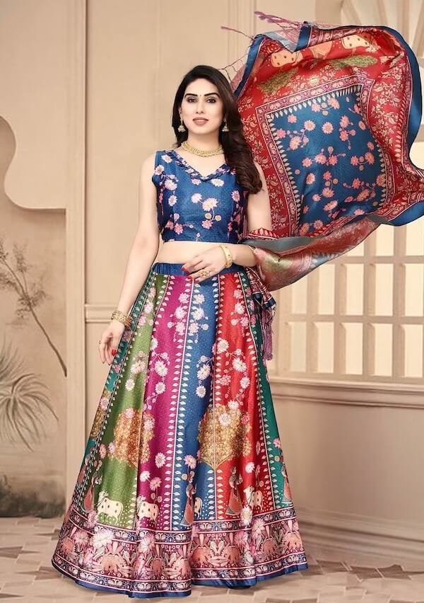 Blue Printed Silk Lehenga Set