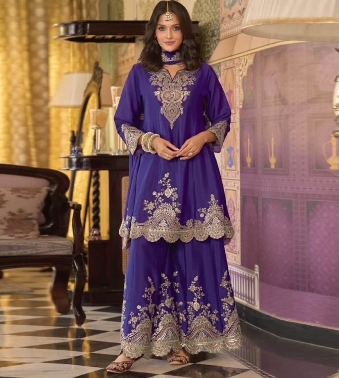 Blue Rangrit Orchid Embroidered Relaxed Fit Gharara Set by AutumnLane