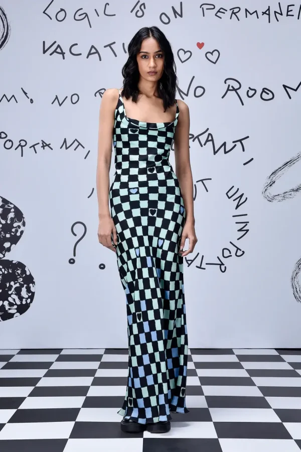 Chess Board Cowl Neck Slim Fit Dress