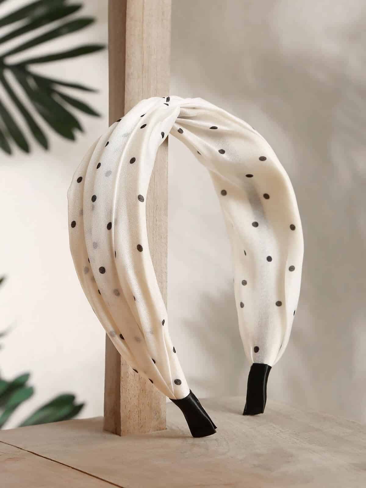 Cream Handmade Polka Dot Broad Knot Hair Band by Stol’N