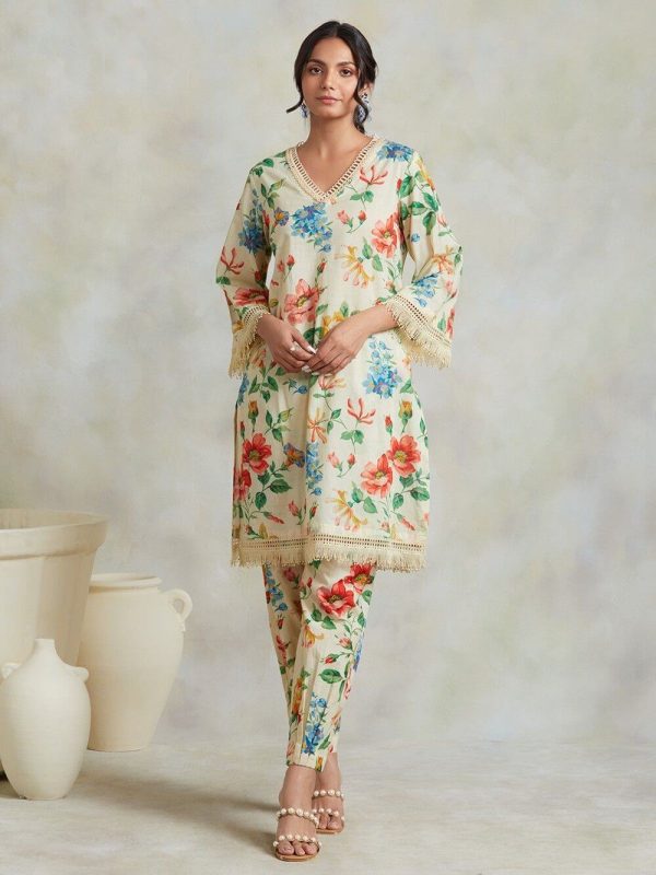 Ecru Red Floral Printed Cotton Kurta with Pants- Set of 2
