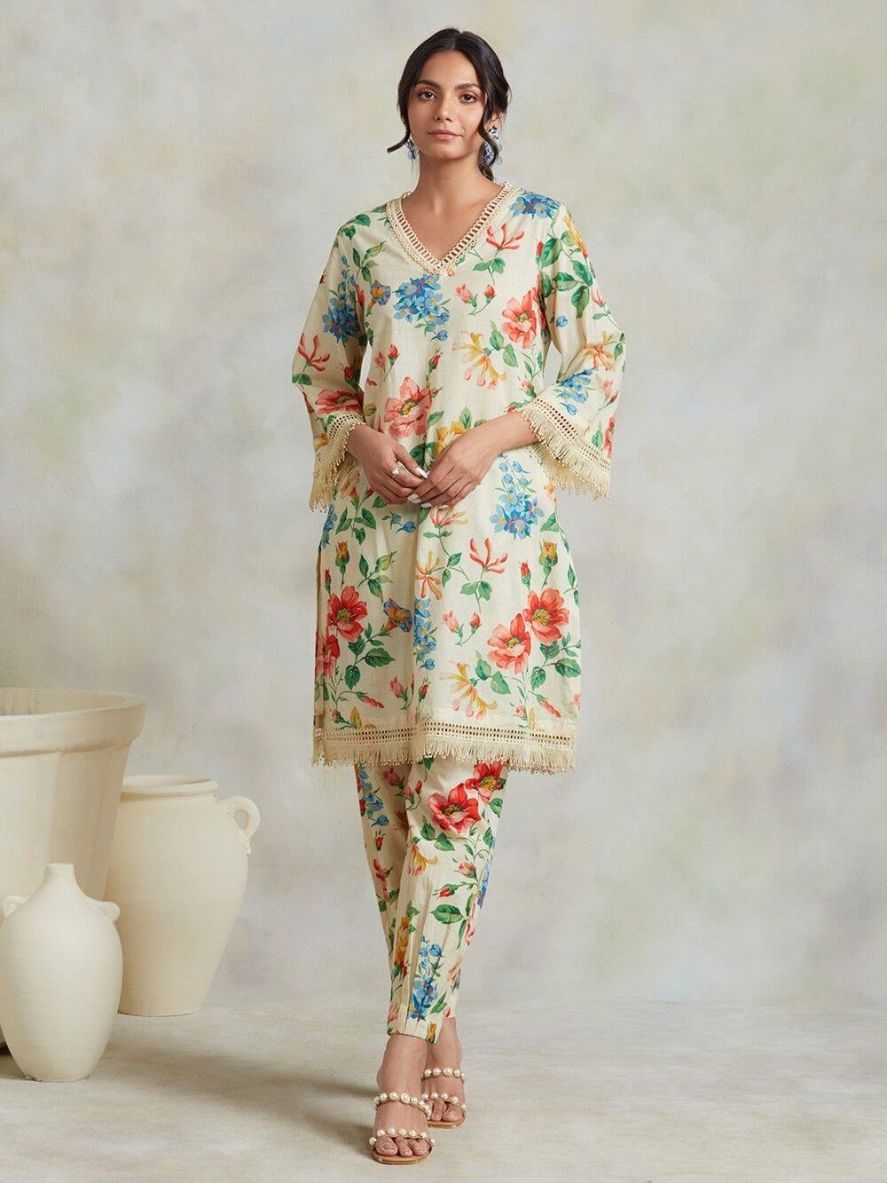 Ecru Red Floral Printed Cotton Kurta with Pants- Set of 2