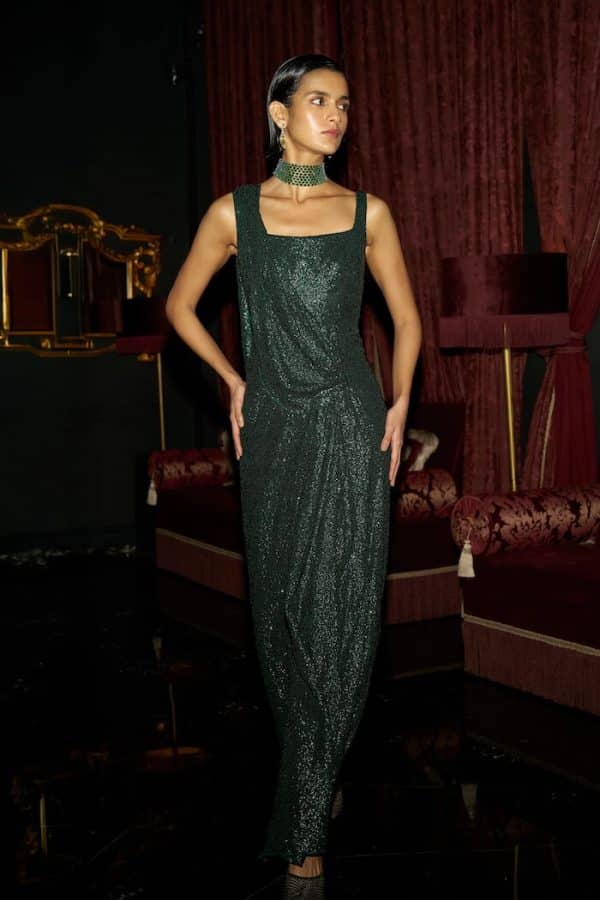 Emerald Sequin Sari Drape Down