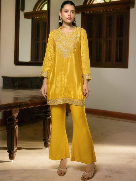 Ethnic Motifs Embroidered Regular Sequinned Pure Silk Kurti with Trousers & With Dupatta by Anouk