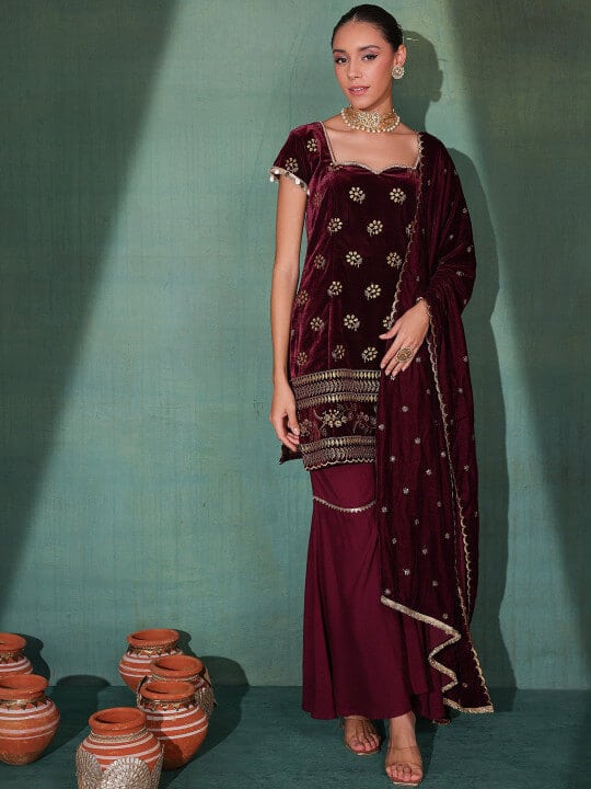 Ethnic Motifs Embroidered Regular Thread Work Velvet Kurta with Salwar & With Dupatta by SEW