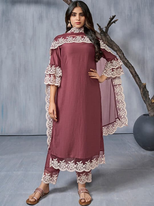 Floral Embroidered Regular Thread Work Kurta With Trousers & Dupatta by Inddus