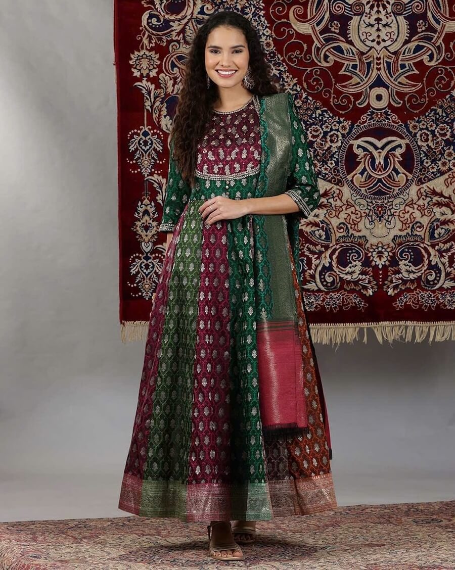 Floral Woven Fit & Flare Dress with Dupatta by Aurelia