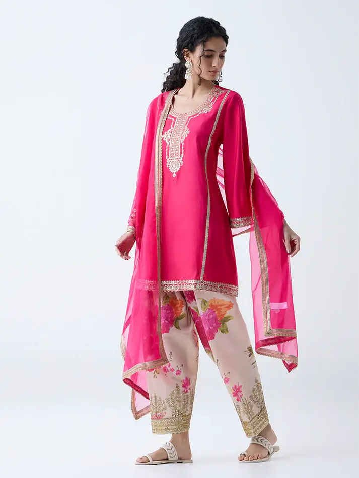 Fuchsia Embellished A-Line Ethnic Set by Vark
