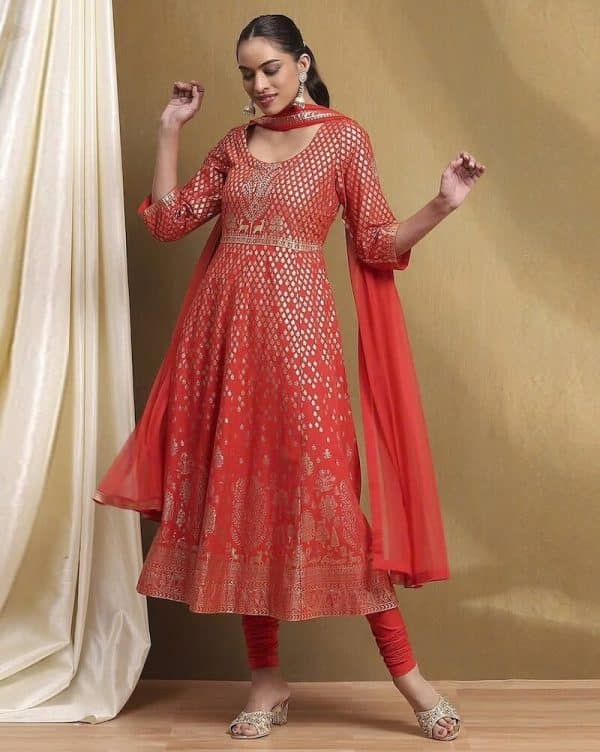 Leaf Print Anarkali Kurta with Churidar & Dupatta by Biba