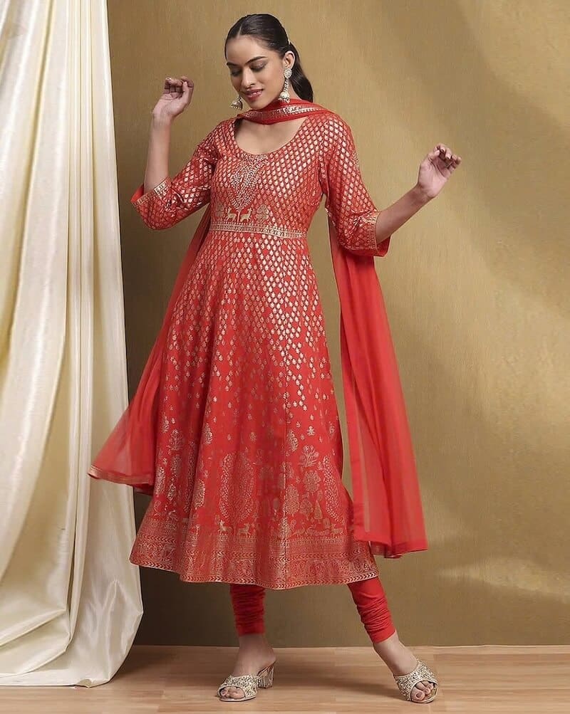 Leaf Print Anarkali Kurta with Churidar & Dupatta by Biba