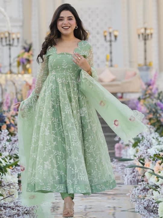 Lime Green Organza Kurta Sets by Kalini