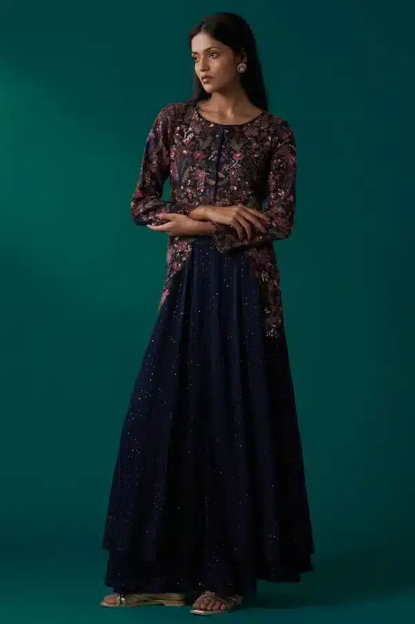 Navy Blue Heavy Embroidered Flared Georgette Kurta with Culottes Set