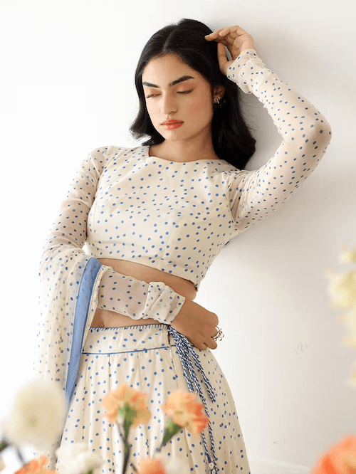 Off White Polka Dot Printed Rayon Lehenga Set- Set of 3