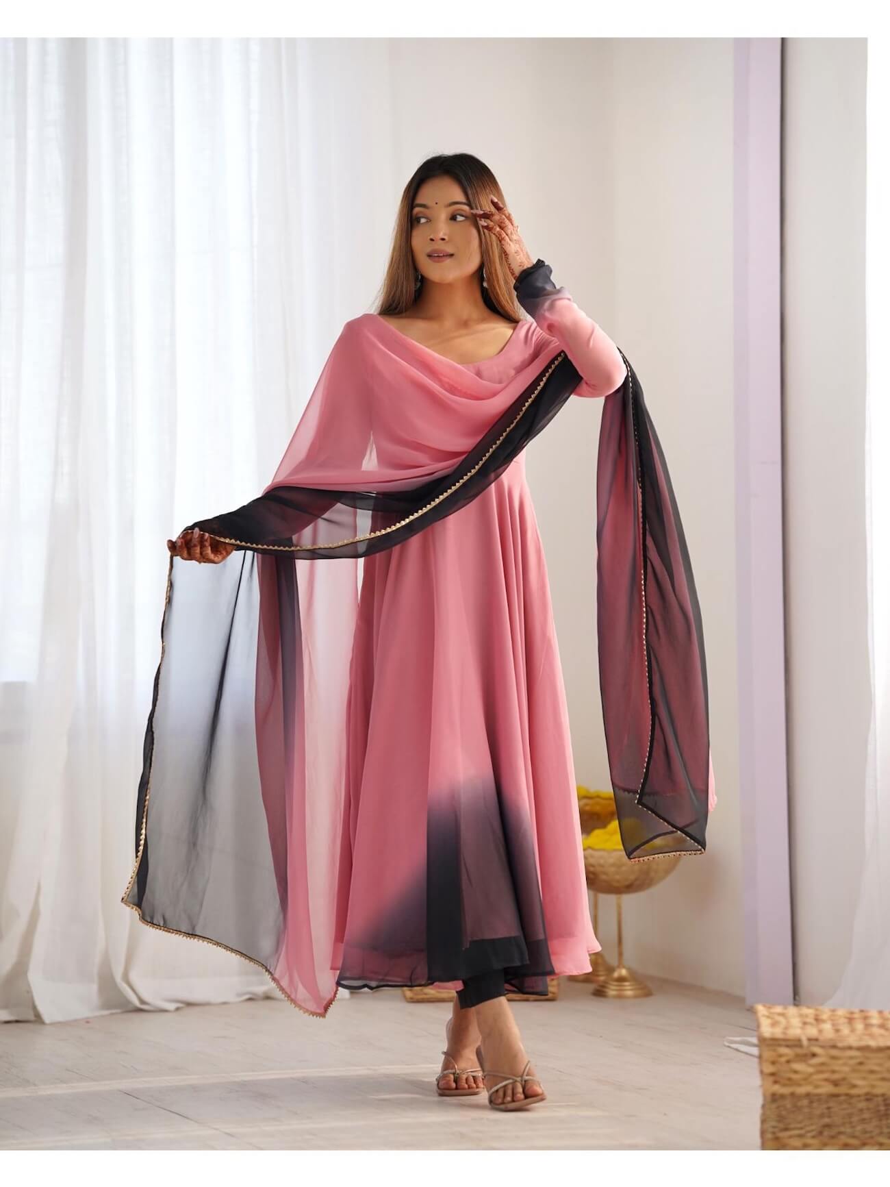 Onion Pink Pure Soft Georgette Anarkali Kurta with Pant and Dupatta (Set of 3) by Jatriqq