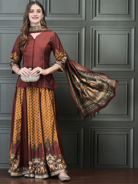 Paisley Printed Regular Chanderi Silk Kurti with Skirt & With Dupatta by Shree
