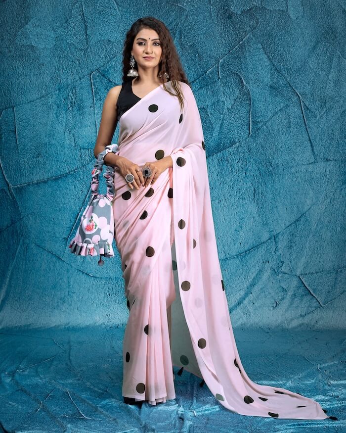 Pale Pink And Black Polka Dots Pattern Digital Print Georgette Saree With Tassels
