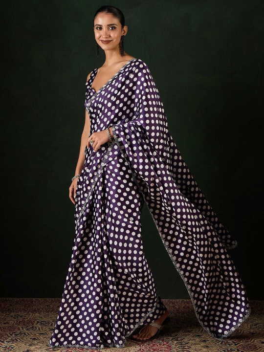 Polka Dot Printed Embellished Beads and Stones Party Wear Saree with Unstitched blouse by Sangria