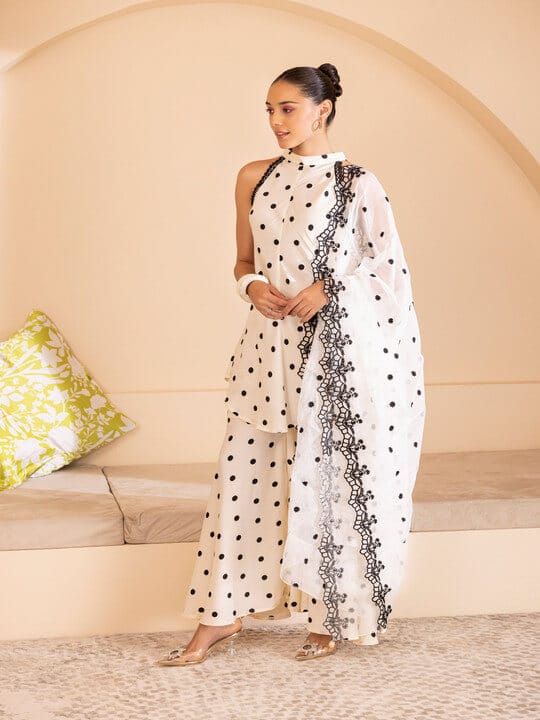 Polka Dots Printed Halter Neck Kurta With Palazzos & Dupatta by SEW