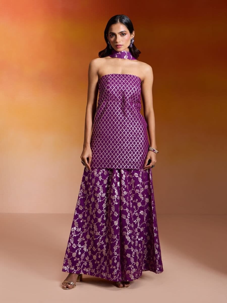 Purple Organza Lurex Tube Kurta, Sharara and Dupatta Summer Sahelis by Gajra Gang