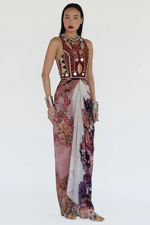 Rose Pink Natural Silk Draped Skirt Set by Amka India