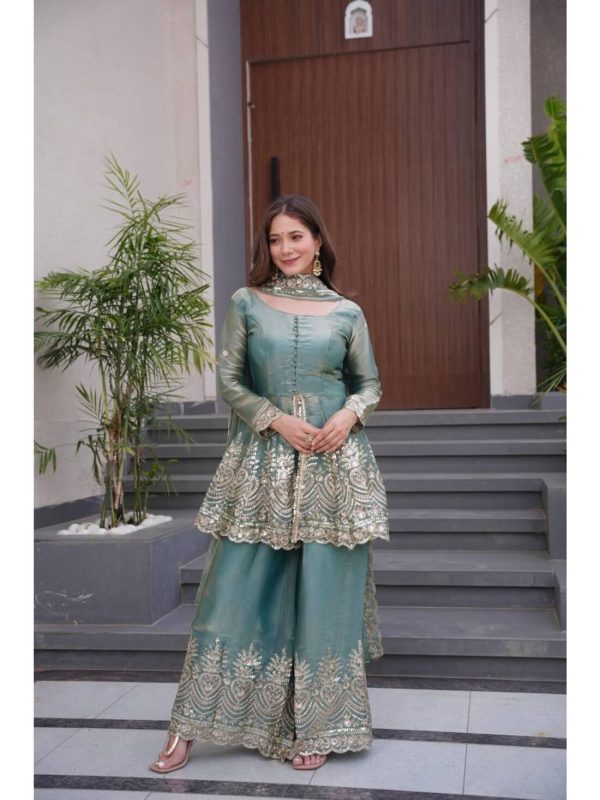 Sea Green Kurta With Palazzo And Dupatta (Set of 3) by Jatriqq