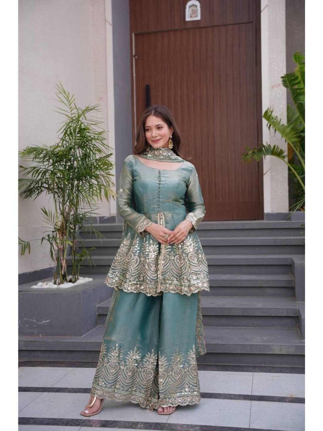 Sea Green Kurta With Palazzo And Dupatta (Set of 3) by Jatriqq