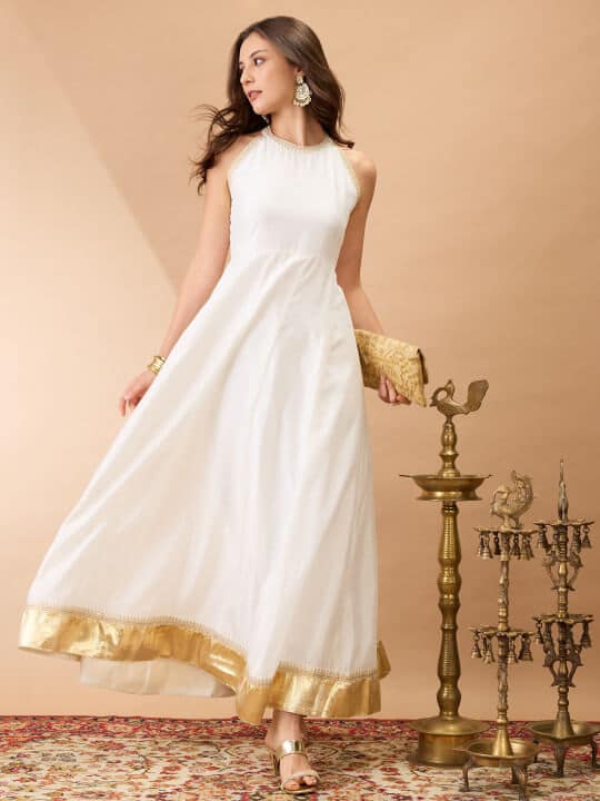 Sequin Embroidery Halter Neck Gotta Lace Flared Hem A-Line Maxi Festive dress by Globus