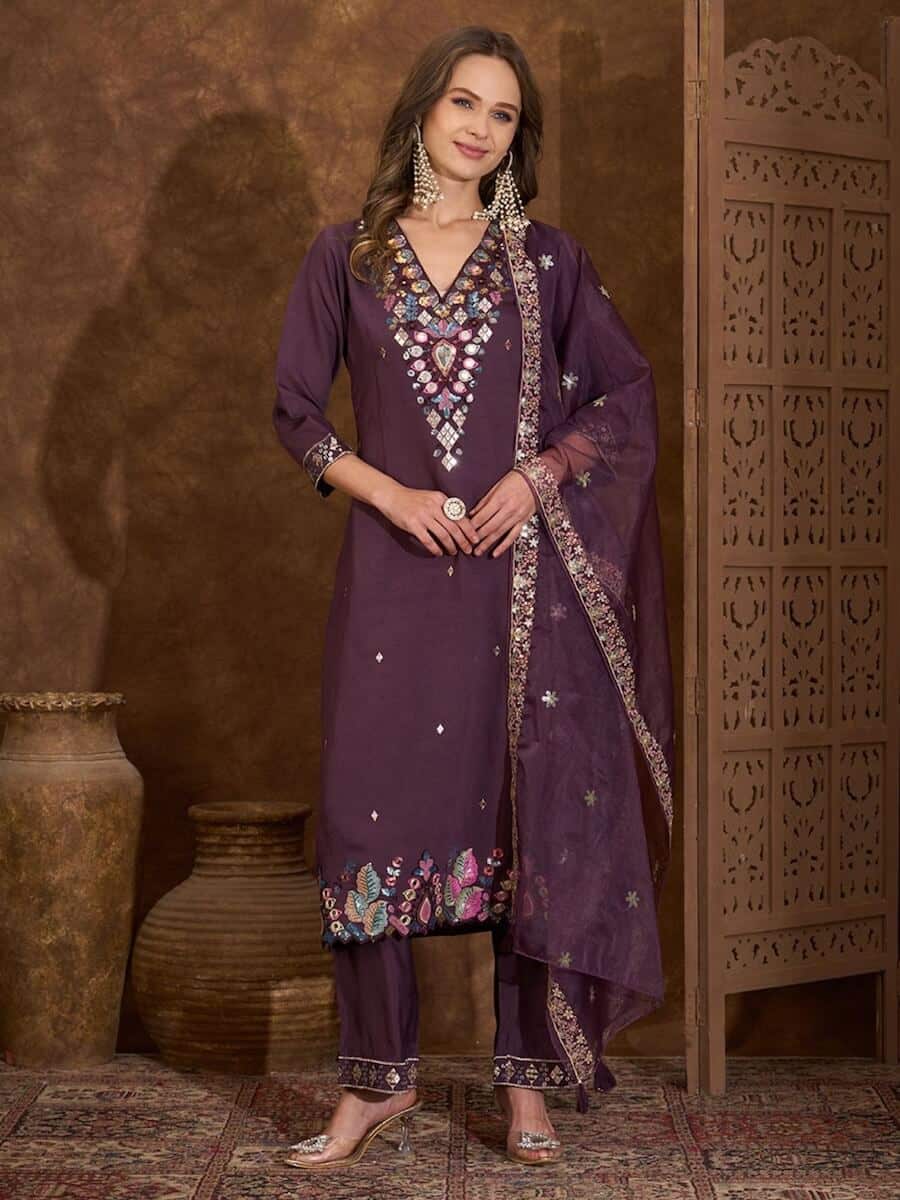 Solid Sequin Embroidered Straight Fit Kurta with Pant and Dupatta - Wine by Fashor