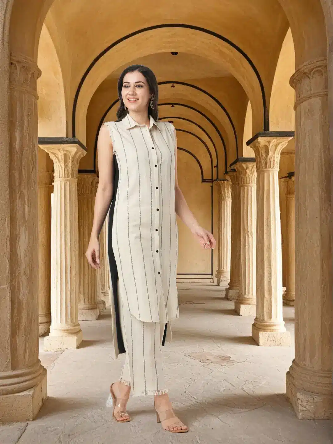 Solid Striped Woven Straight Fit Cotton Flax Co-ord Set - Off White