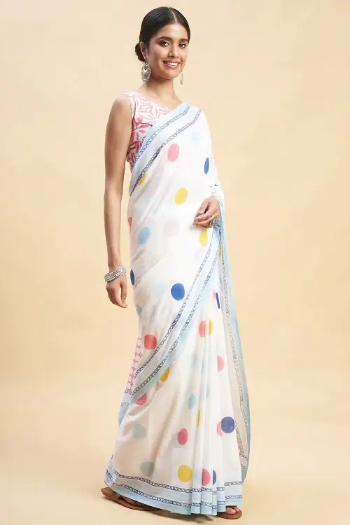 Sooti Syahi "Ocean Pearls'' Block Printed Cotton Saree