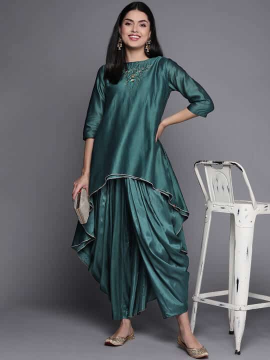 Teal Green Yoke Design Sequinned High-Low Kurta with Patiala Pants by Biba