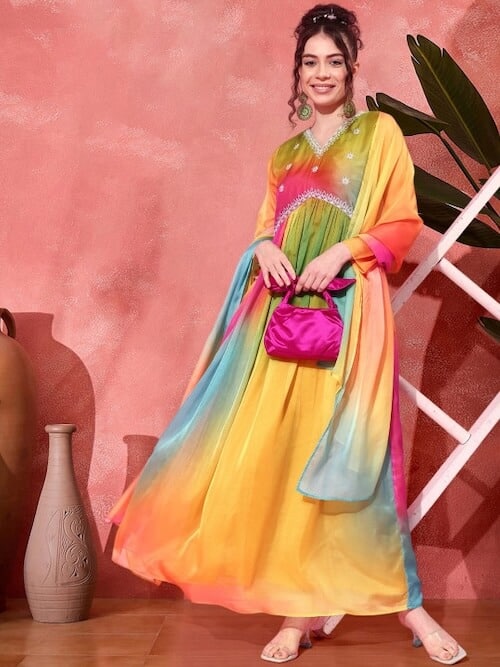 Tie & Dye Printed Cording Sequence A line Ethnic Dress With Dupatta by Sangria