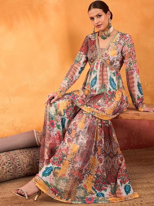 White Multi Floral Peplum Top With Sharara Pants