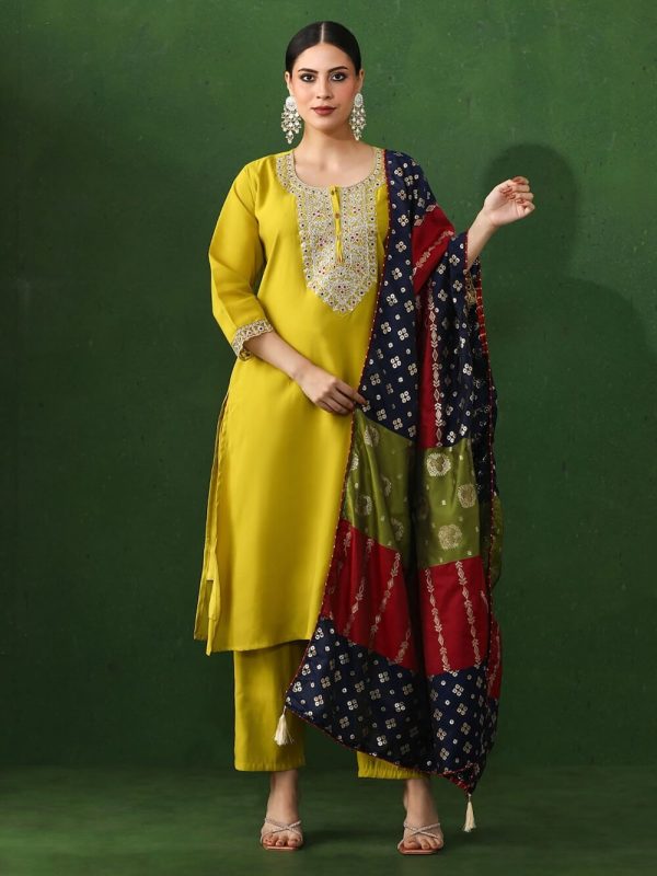 Yellow Embroidered Straight Chanderi Silk Kurta & Pant with Dupatta (Set of 3) by Jaipur Kurti