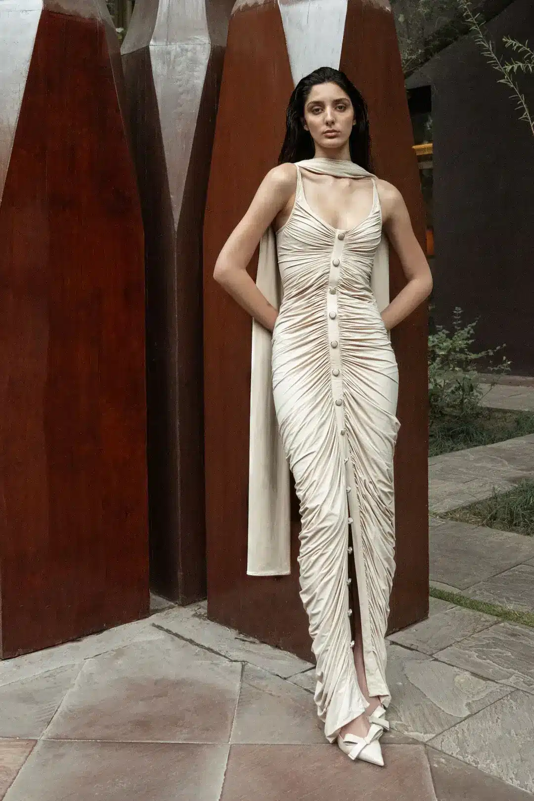 Beige Ruched Gown with Dupatta