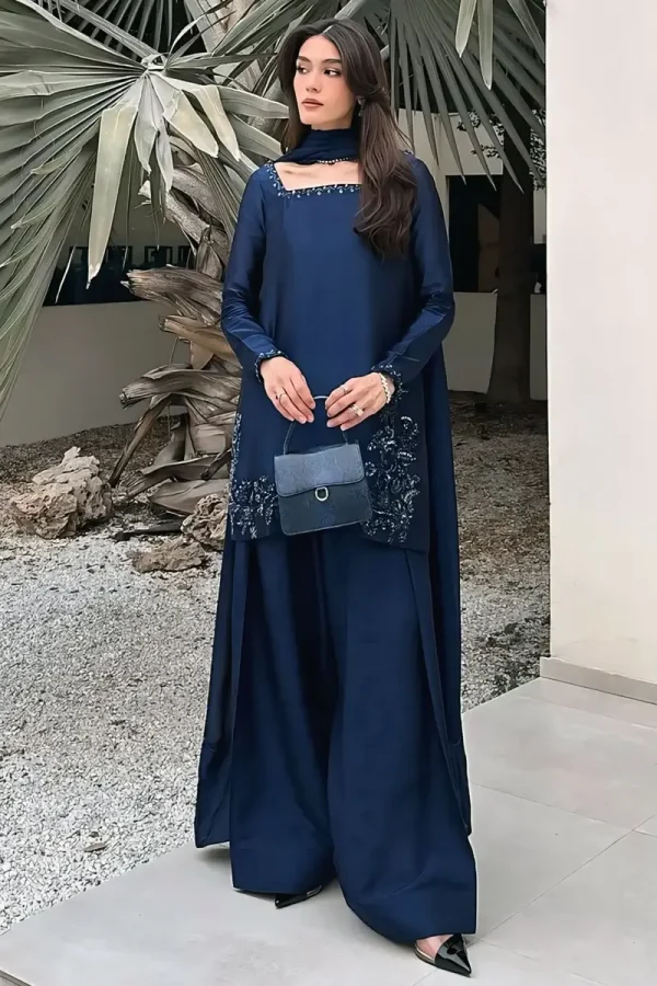 Punjabi Style Navy Blue Sharara Dress For Party Wear