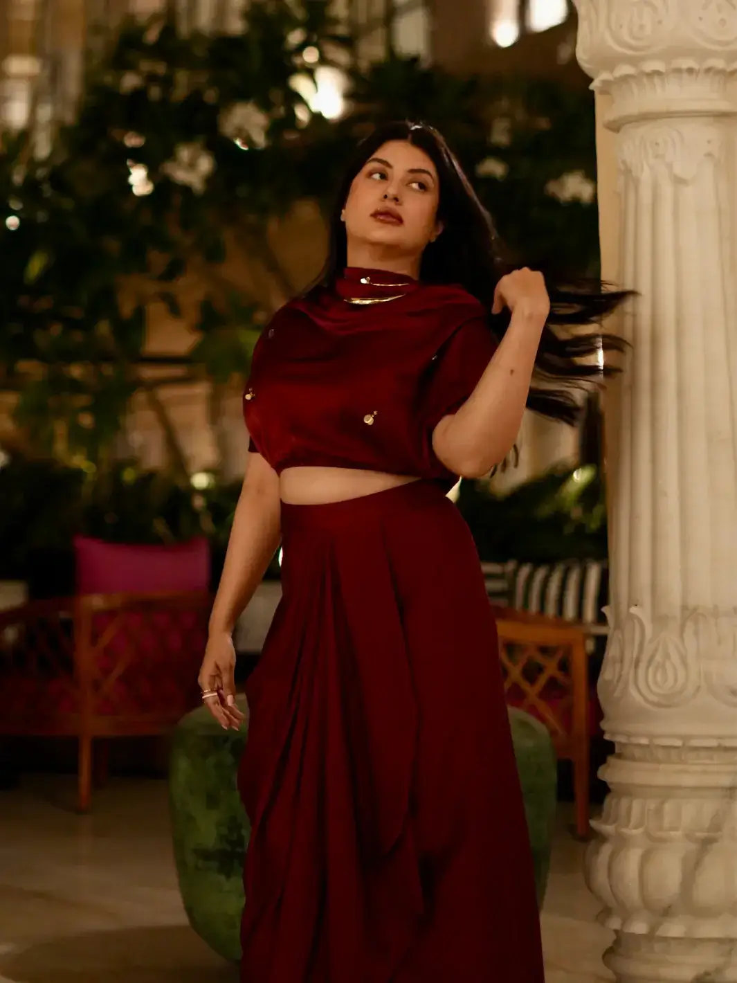 Amoura Satin Embellished Co-Ord Set, Wine Color