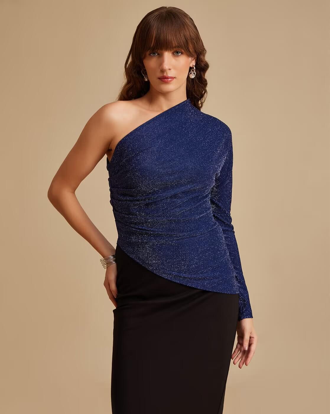 Embellished Slim Fit Top with One Shoulder by Kazo