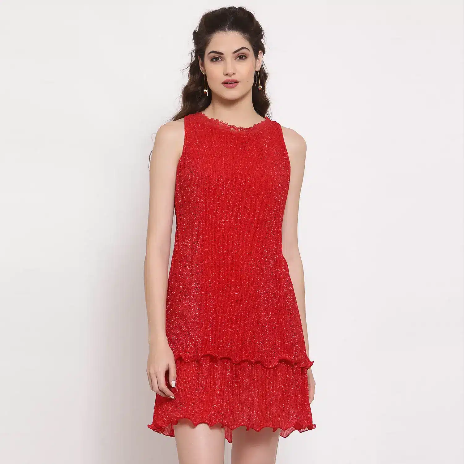Red Plisse Double Layered Dress
