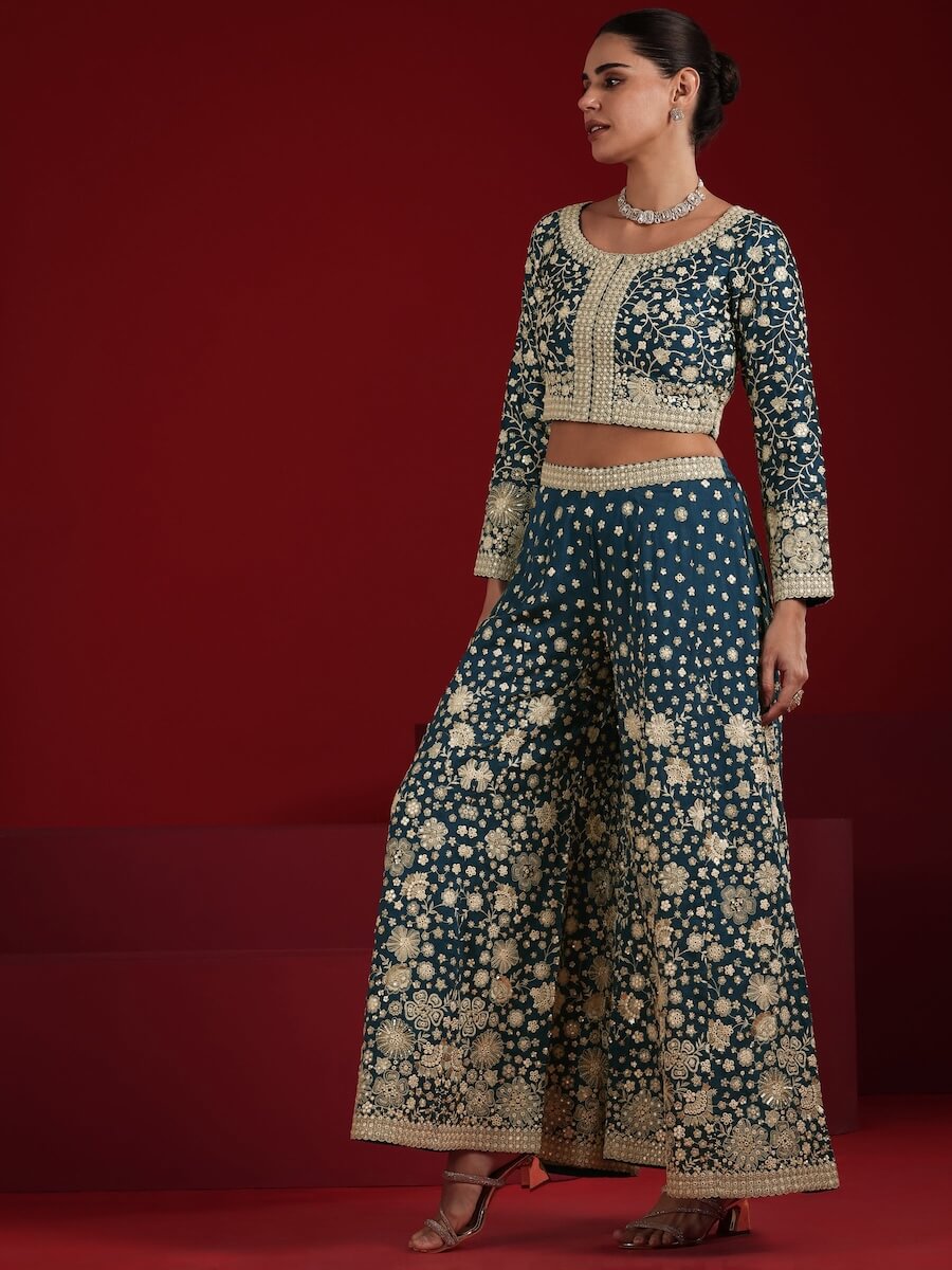 Art Teal Embroidered Silk Blend 3 Piece Co-Ord Sets With Dupatta