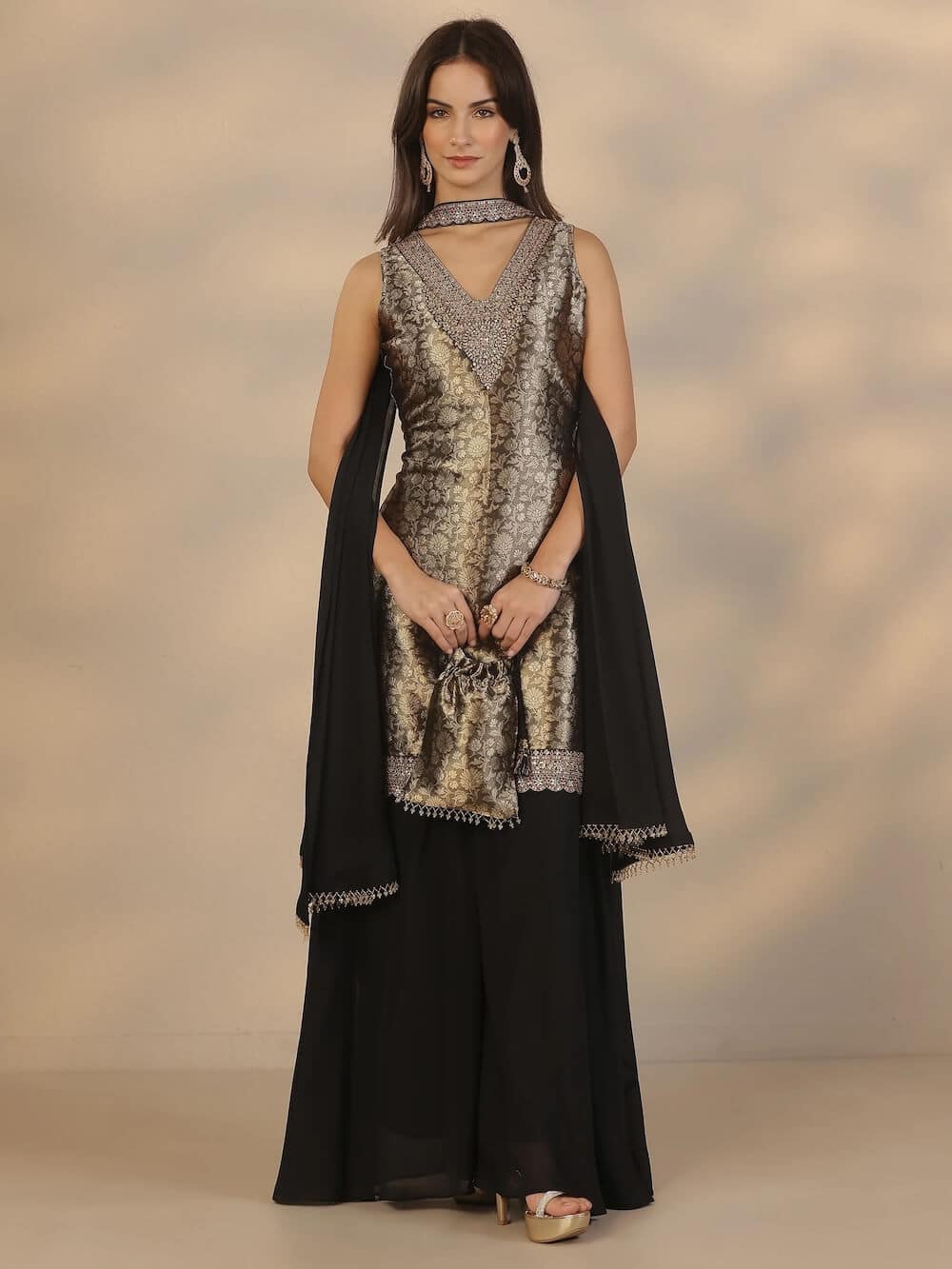 Black Embroidered Silk Blend Straight Suit Set With Dupatta