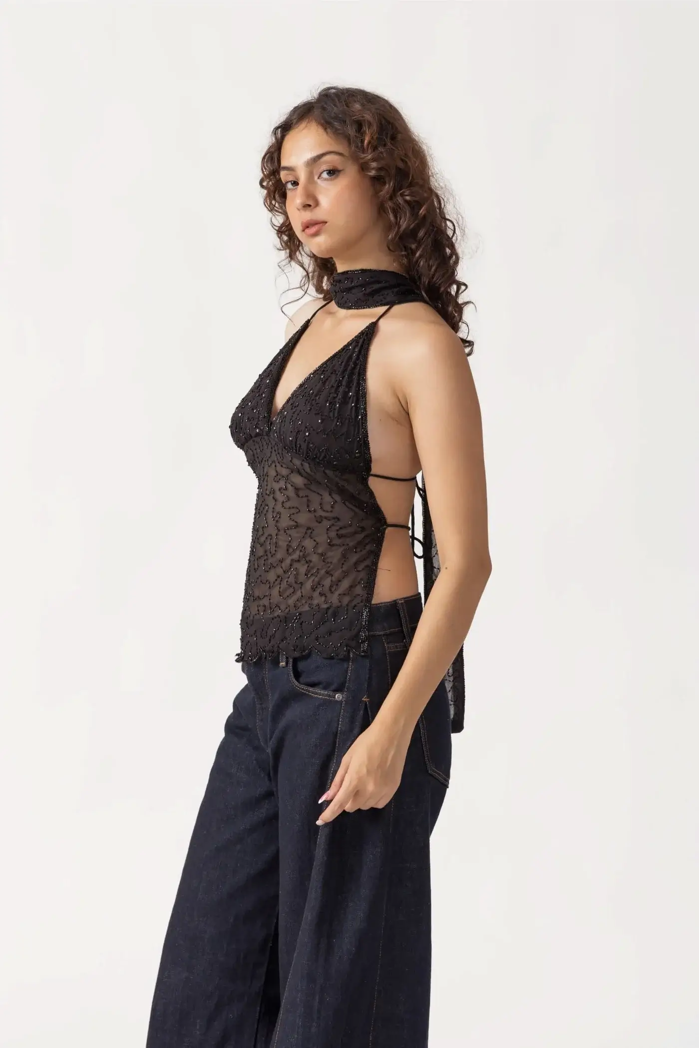 Black Sequin Top Backless