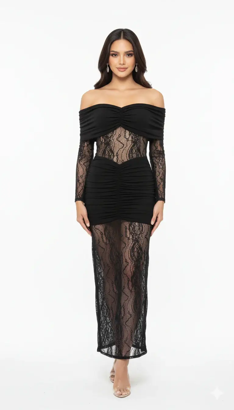 Black Sheer Lace Off-Shoulder Ruched Bodycon Dress