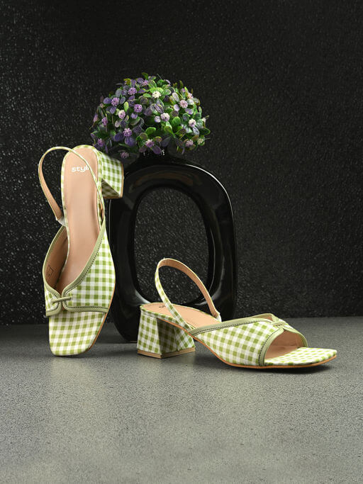 Check Fabric Embellished Back Sling Block Heel Sandals Green by Styli