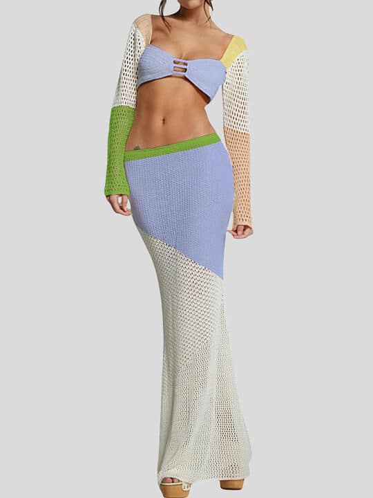 Colourblocked Crochet Sweetheart Neck Crop Top With Mermaid Maxi Skirt by Lulu & Sky