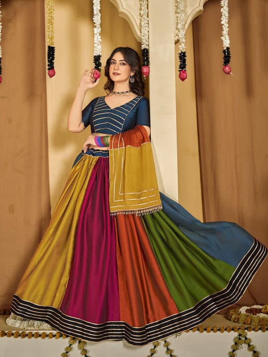 Embroidered Thread Work Semi-Stitched Lehenga & Unstitched Blouse With Dupatta by Kalini