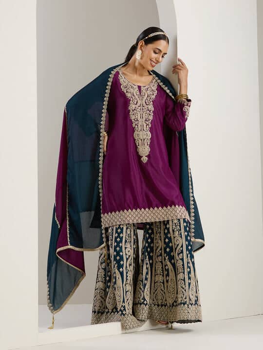 Ethnic Motifs Embroidered Regular Thread Work Straight Kurta with Sharara & Dupatta by Ishin