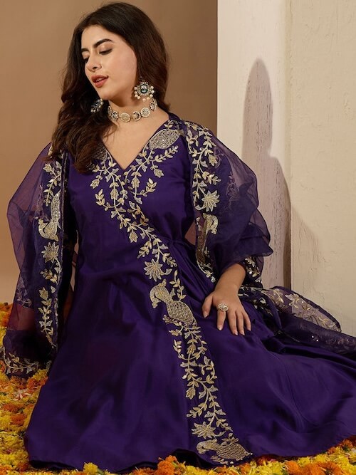 Floral Embroidered Sequinned Pure Silk Anarkali Kurta With Palazzo & Dupatta by Rajgranth