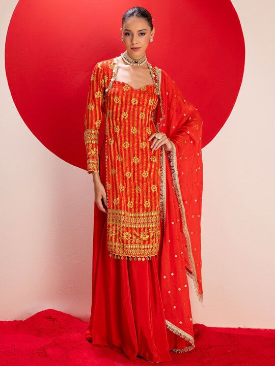 Floral Embroidered Sweetheart Neck Straight Kurta With Palazzos And Dupatta by SEW