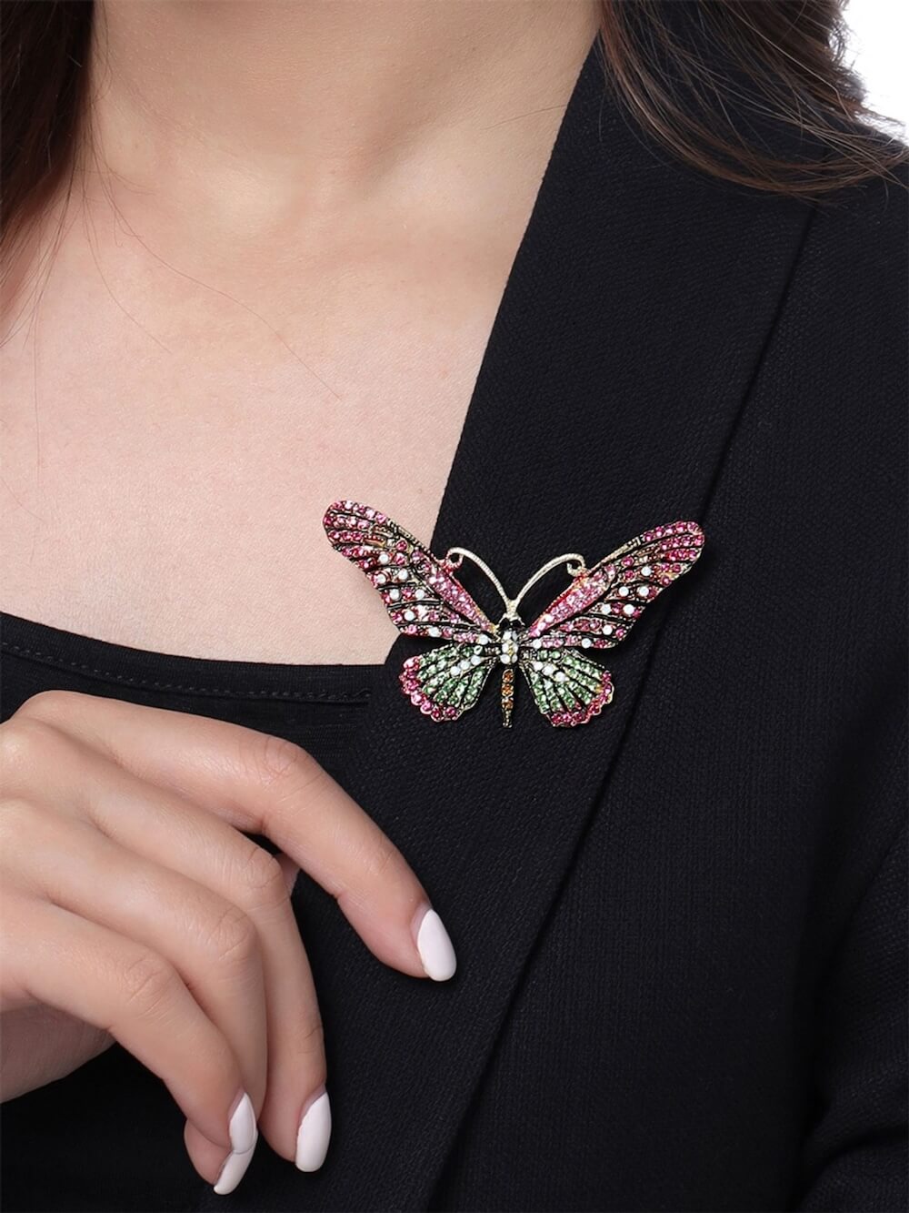 Gold-Plated Pink and Green Crystal Butterfly Shaped Brooch Pin by Yellow Chimes